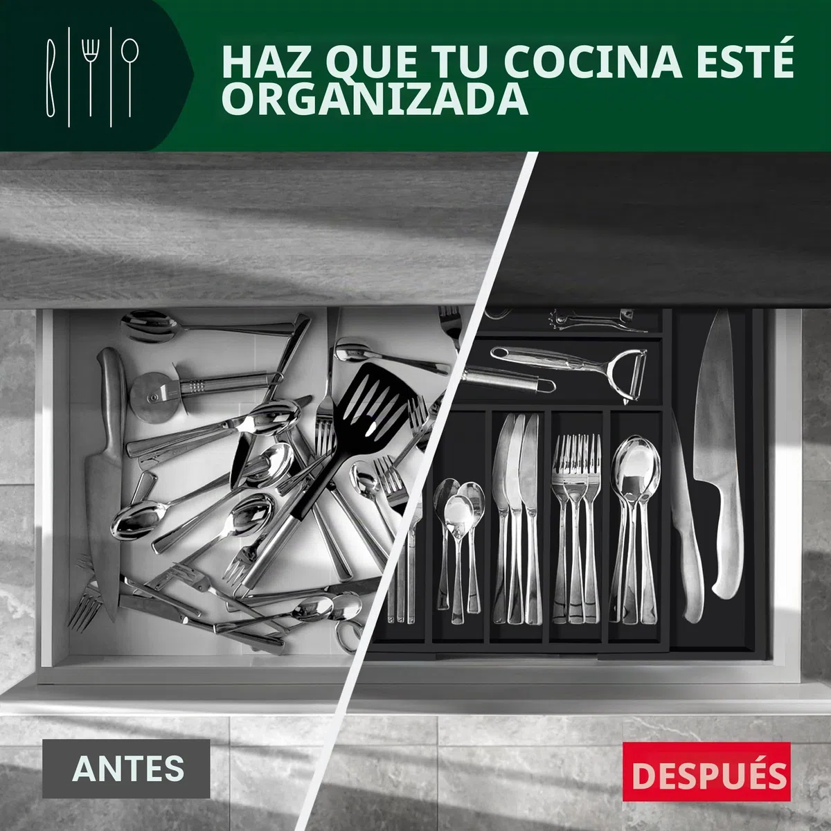 ROYAL CRAFT WOOD Organizador de cajones de cocina de bambú de lujo, organizador de cubiertos, soporte para utensilios y bandeja de cubiertos con separadores ranurados para cubiertos y utensilios de