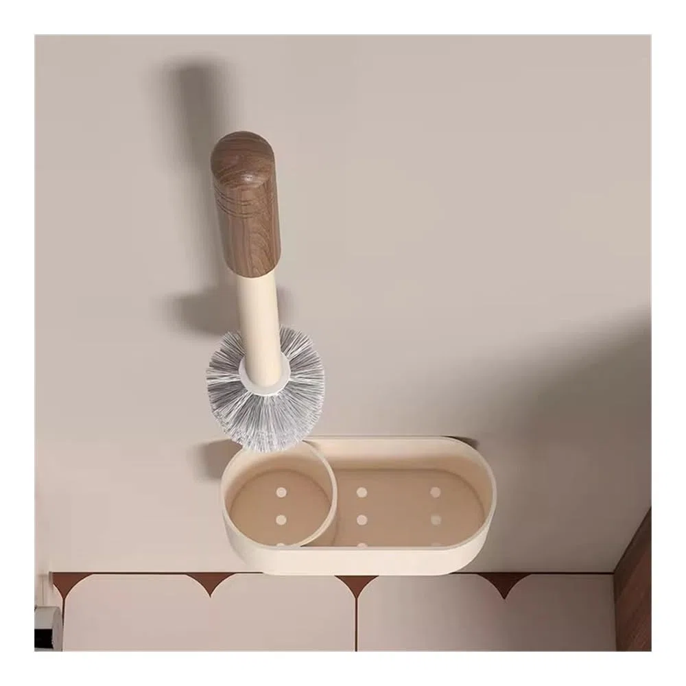 Juego de escobilla de inodoro con soporte, montaje en pared o de pie, cabezal de cepillo redondo, kit de limpieza de plástico para higiene de baño