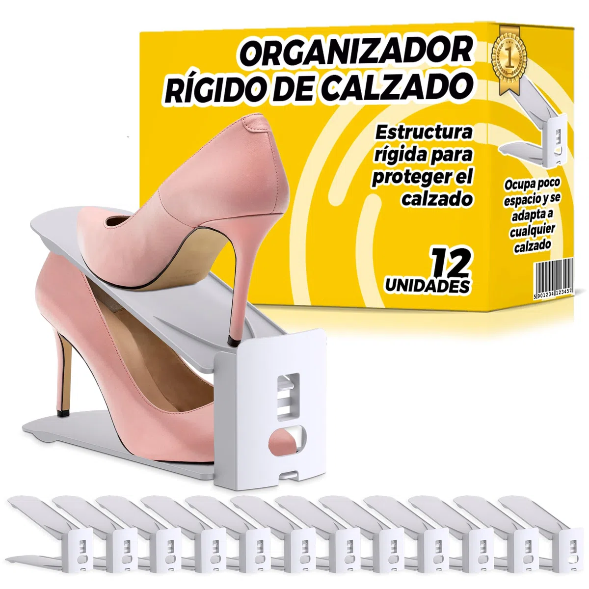 Organizador de Zapatos Ajustable Pack de 12 - Zapatero Ahorra Espacio de Armario con Altura Regulable para Tacones y Zapatillas - Color Blanco