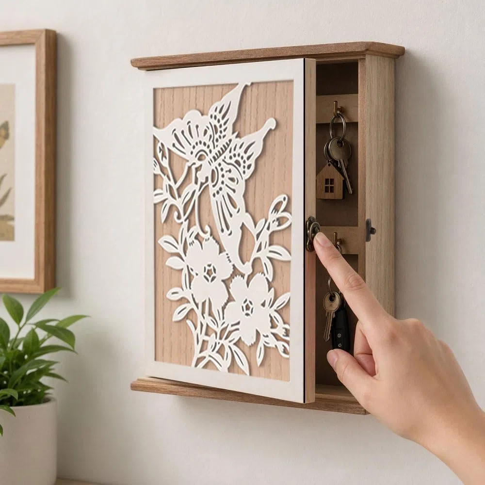 Caja Llaves Pared Madera con Motivo de Mariposas y Flores,Caja Llaves Pared Decorativa para Entrada,Dormitorio,Pasillo,Blanco,28 x 22 x 7 cm