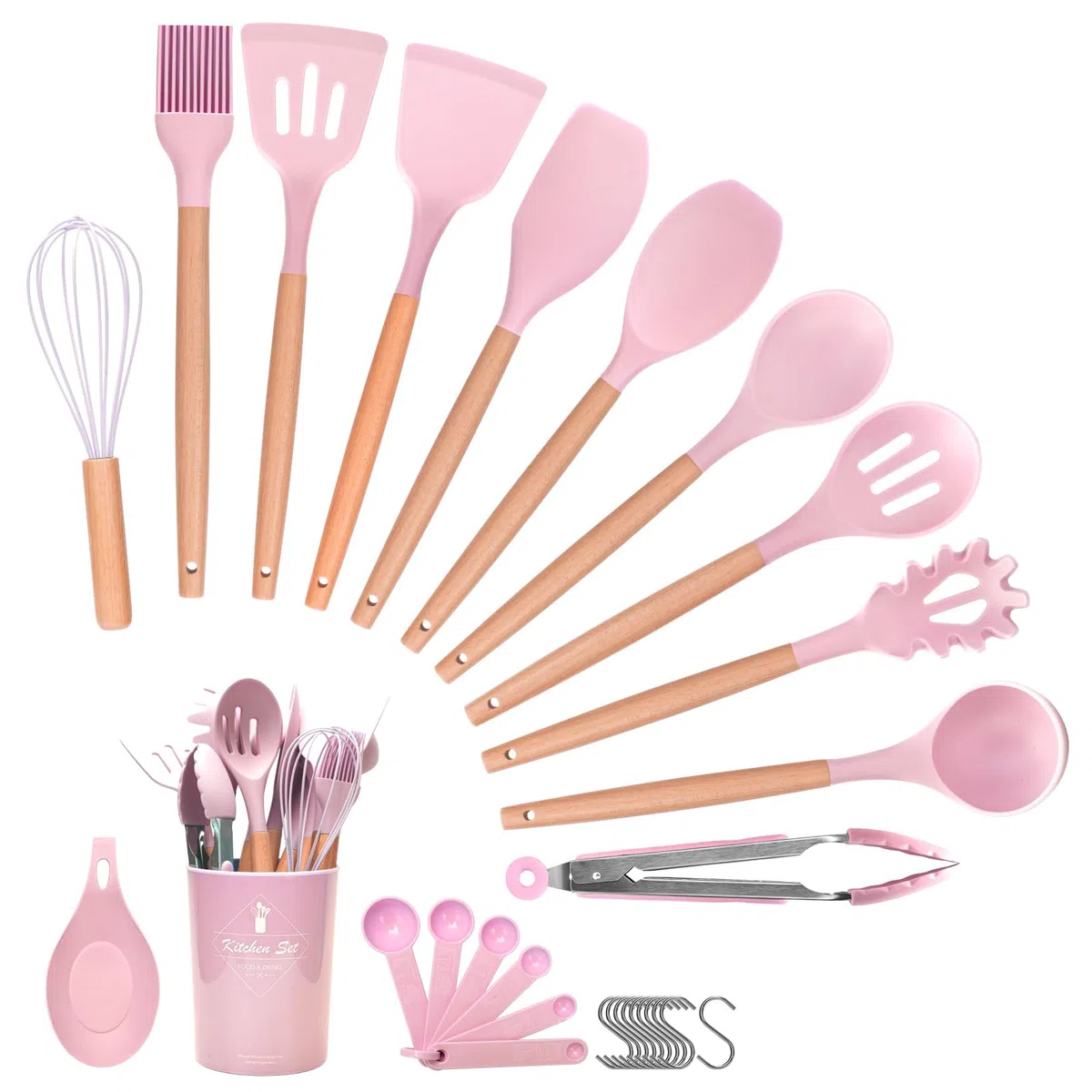 Utensilios Cocina de Silicona, 29 piezas juego de utensilios de cocina de silicona de con soporte para utensilios, mango de madera antiadherente resistente al calor (Rosa)
