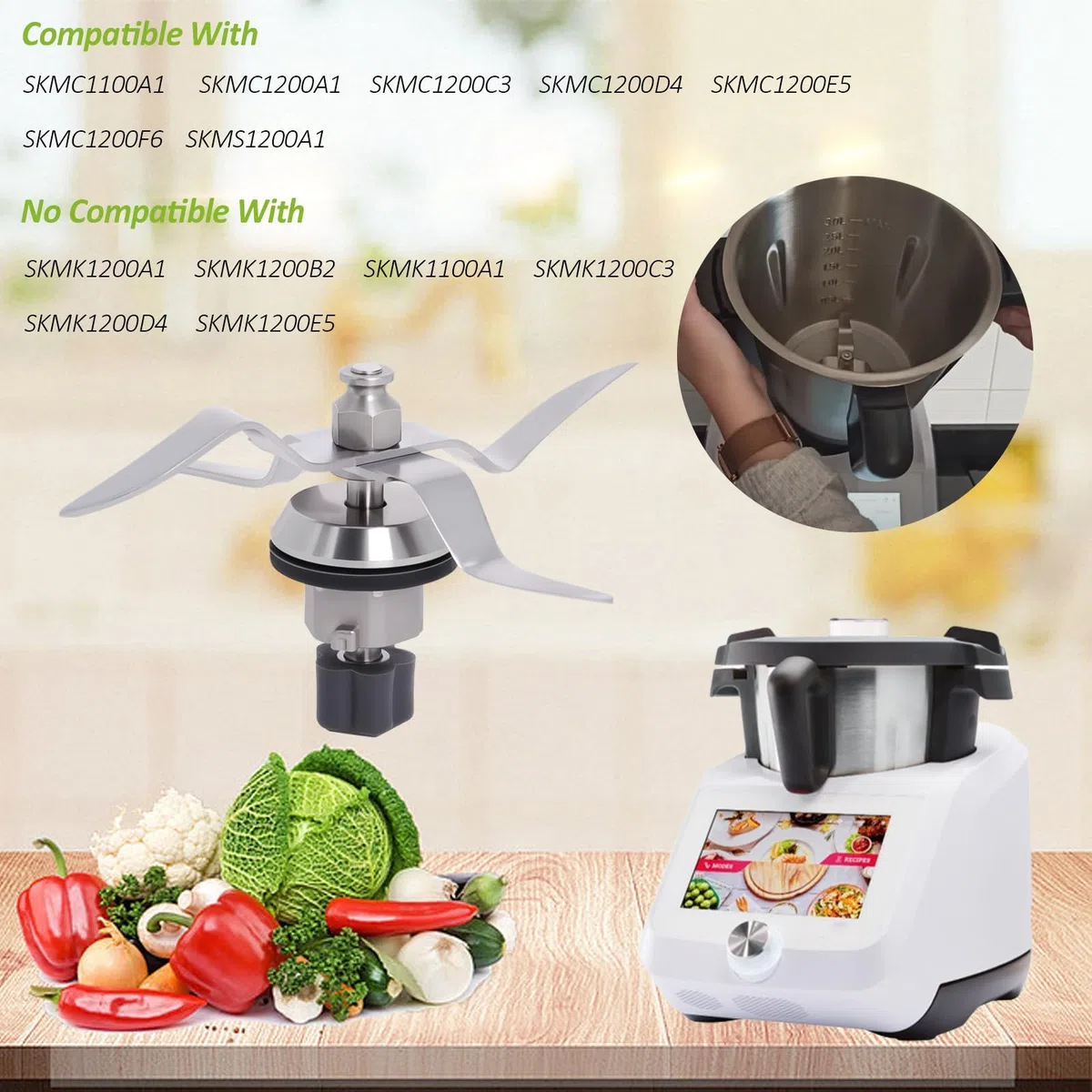 Poweka Cuchilla de Repuesto Compatible con Silvercrest Monsieur Cuisine Connect y Monsieur Cuisine Smart Robot de Cocina en Acero Inoxidable con Junta y Cepillo de Limpieza