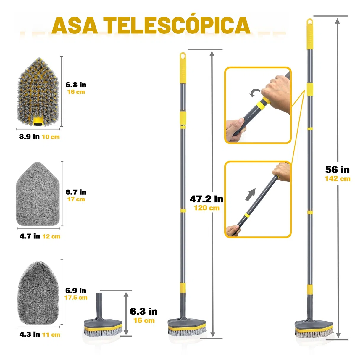 Cepillo Limpieza Ducha con Mango Largo 142CM, Cepillo 3 en 1 Extensible para Azulejos y Paredes. Incluye Estropajo con Mango y Cabezal Intercambiable.