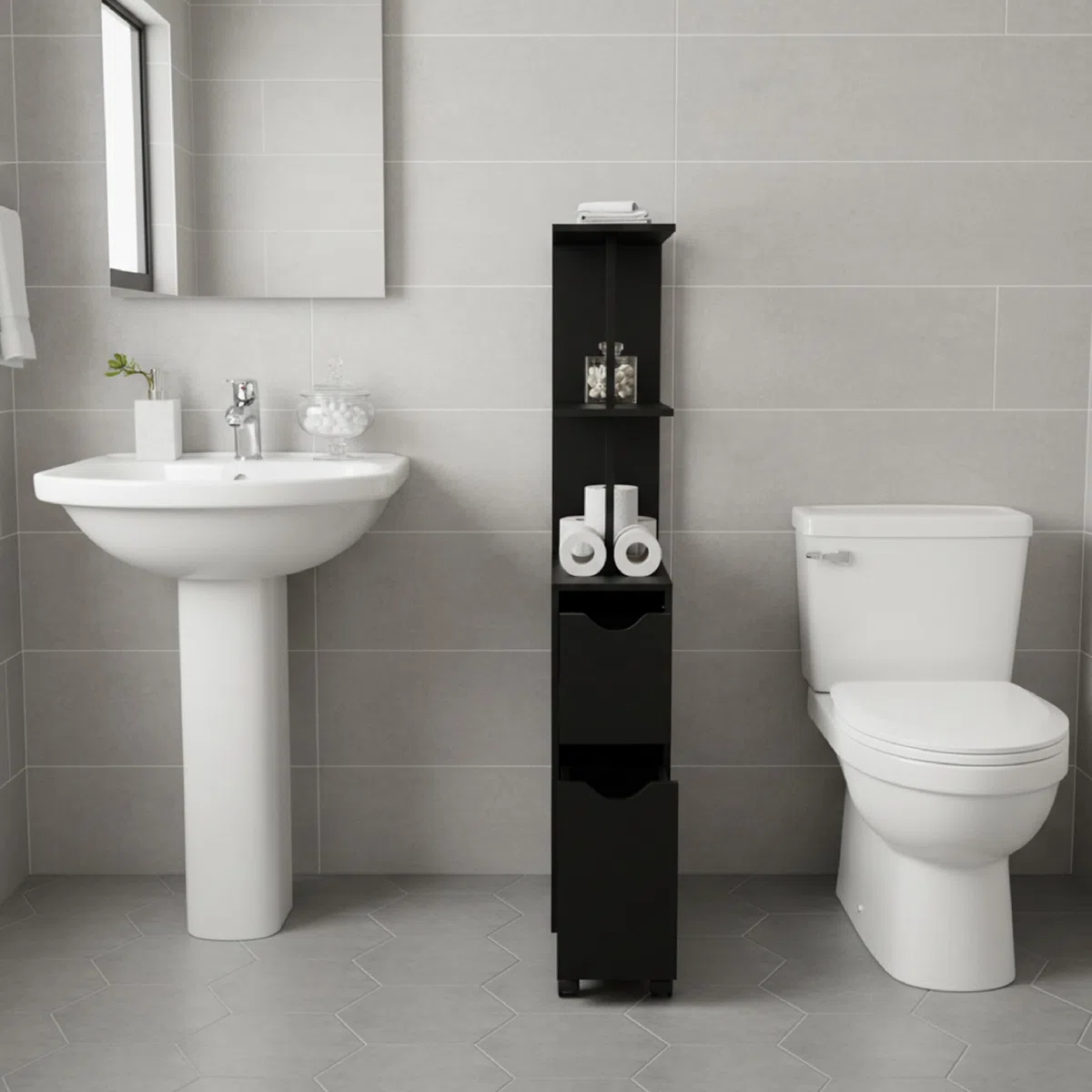 Baroni Home Columna de baño que ahorra espacio, mueble alto con estantes abiertos y cajones, multiusos, columna moderna para baño, cocina y dormitorio, 30 x 30 x 180 cm, 3 estantes y 2 cajones, color