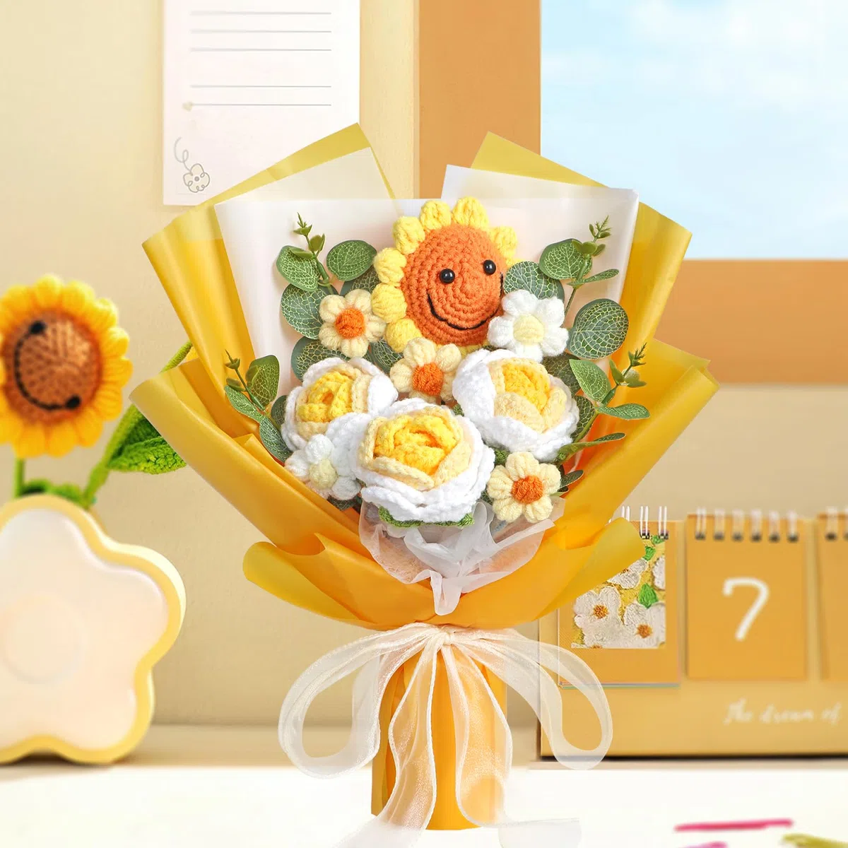 Ramo de Flores de Ganchillo Hecho a Mano Rosas Artificiales de Girasol Flores Tejidas a Mano Arreglos Florales Falsos Regalo para Día de la Madre Cumpleaños Graduación Boda Hogar Decoración