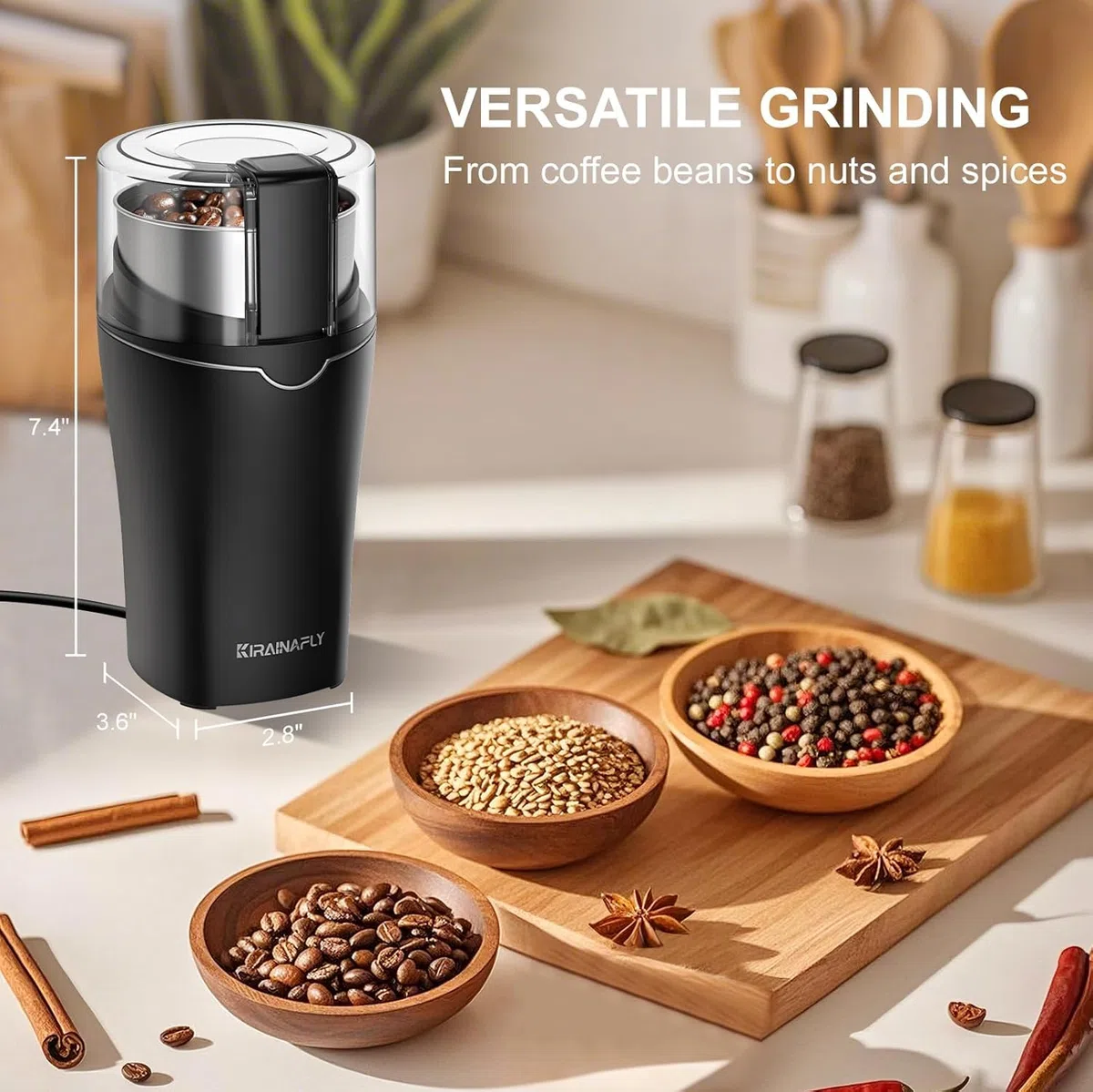 Molinillo de Café y Especias, Molinillo de Café para Uso Doméstico, Tazón Extraíble de Acero Inoxidable, Perfecto para Granos de Café Especias Hierbas Linaza Granos y Frutos Secos, Plata Brillante