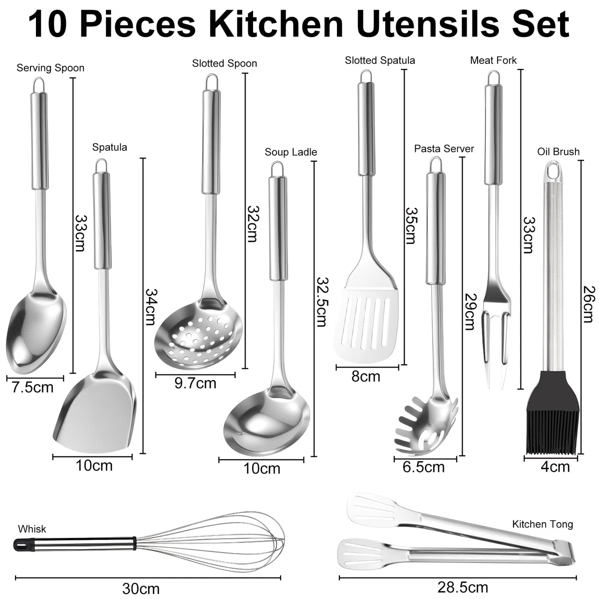 Juego de Utensilios de Cocina Acero Inoxidable 10 Piezas Utensilios de Cocina Aptos para Lavavajillas Set Cucharón con Espátula Spumadera Batidor y Servidor de Pasta Herramientas para Cocinar