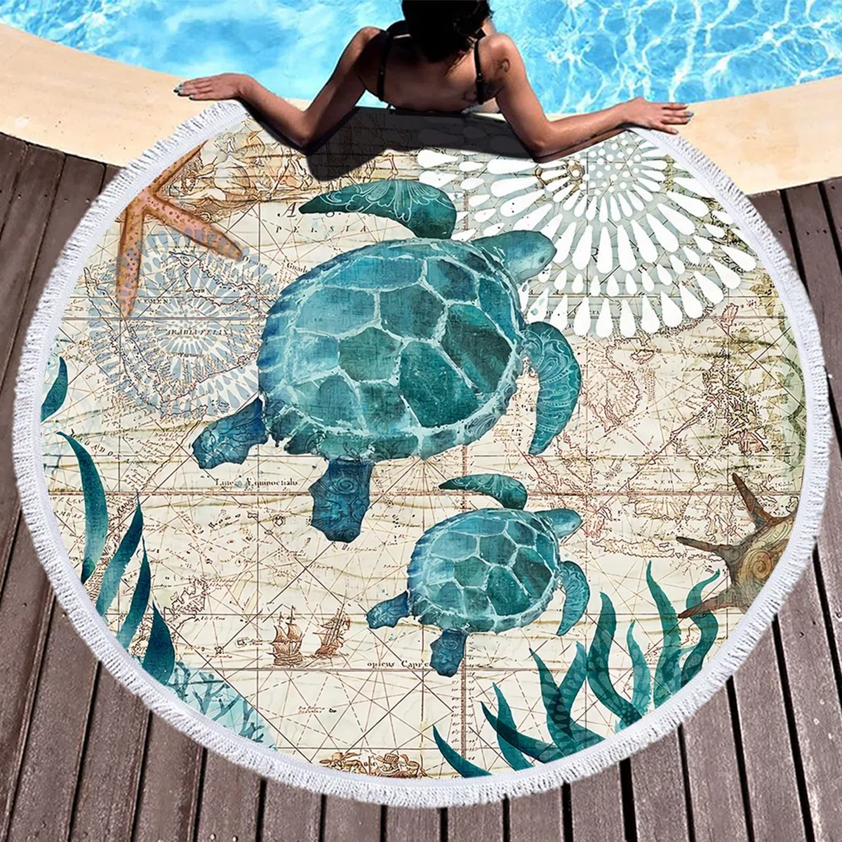Toalla de playa redonda, toalla de playa de microfibra de tortuga marina para manta de playa, toalla de baño, esterilla de yoga, manta de camping, manta de picnic,150 cm (azul tortuga 1)