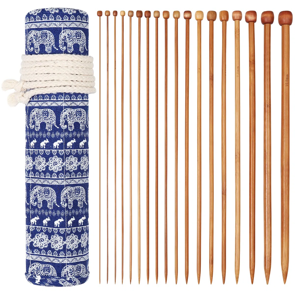 Coopay Juego de Agujas de Tejer de Bambú de 25cm, 36 piezas de Agujas de Tejer Rectas Cortas con Bolsa Rollo de Elefante, 2.0mm-10.0mm, Juego de Agujas de Tejer de para Principiantes y Profesionales