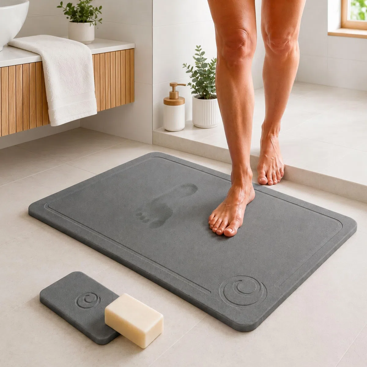 Alfombra Piedra Diatomita Baño 60x39 cm + Posavasos, Secado Ultra Rápido, Antideslizante con Malla, Sin Olores, Sin Moho – Alfombra Diatomita Baño Piedra Gris Antracita.