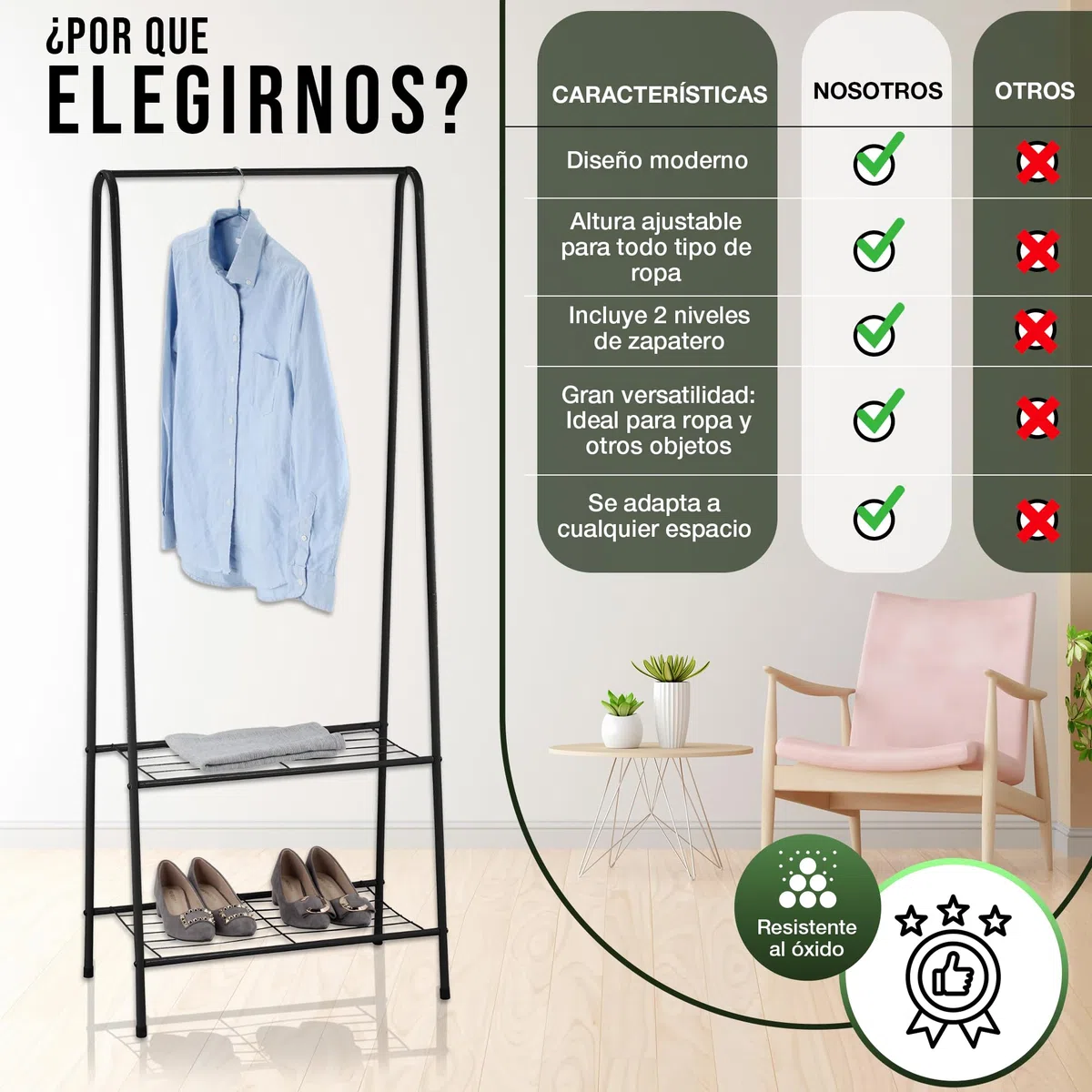 Perchero burro y zapatero -Burro ropa con 2 estantes - Medida 60 x 152 x 35 cm - Perchero burro ropa resistente de metal - Incluye 5 perchas de terciopelo