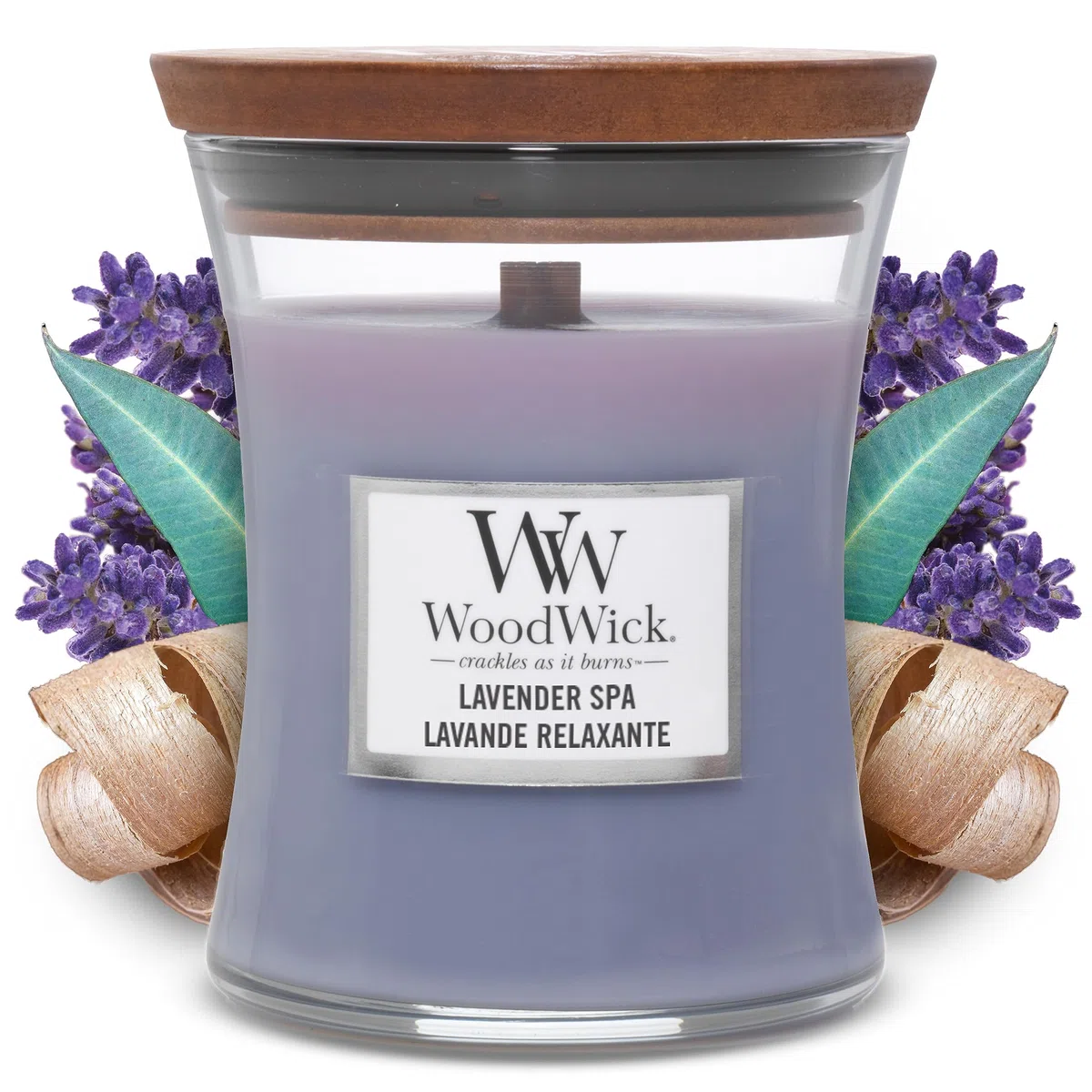 WoodWick Vela perfumada con mecha crepitante | Vela Mediana Lavender Spa | Hasta 20 horas de tiempo de combustión | Regalo ideal para mujer