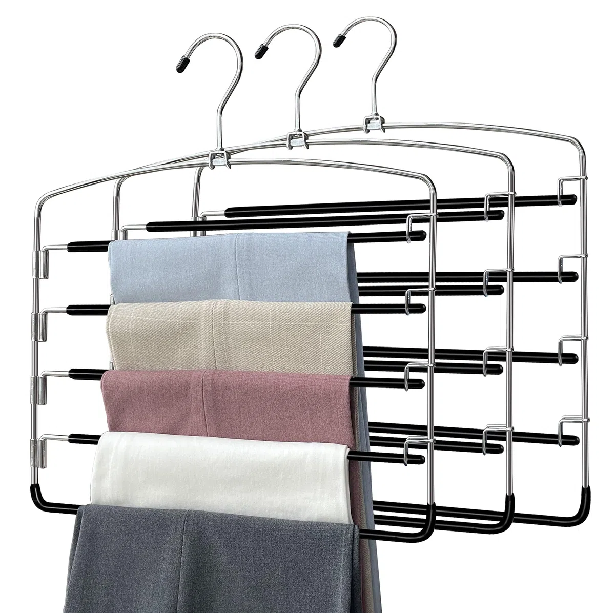 Perchas para Pantalones Ahorra Espacio, Set de 3 Percha Multifuncionales, 5 Niveles Organizador Perchas, Antideslizante, para Ropa, Vaqueros, Corbatas, Bufandas, Vestidos, Toallas