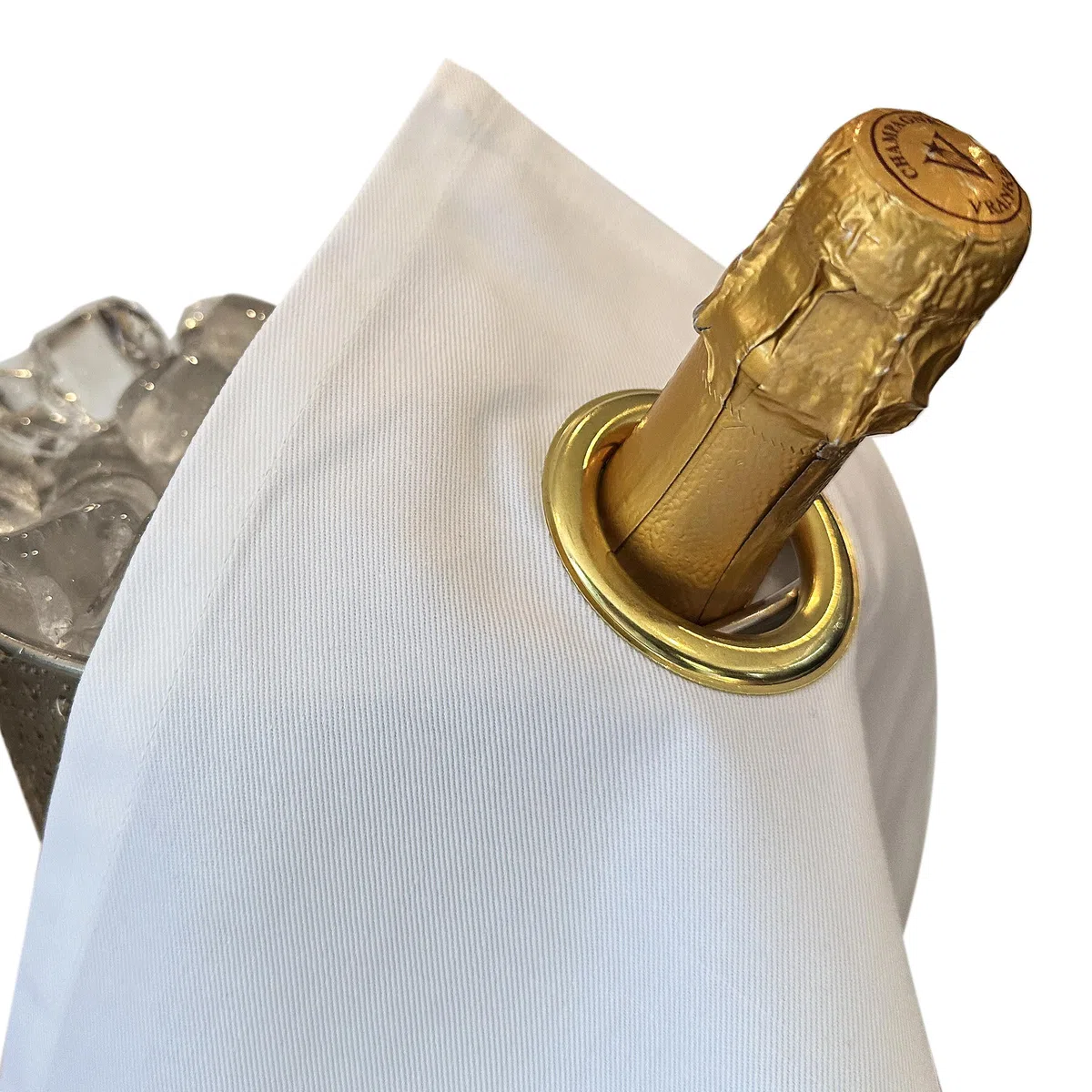 Classic Collection, paño para botellas con anillo de metal para cubitos de hielo, algodón, 42 cm, agujero de esquina (blanco con anillo dorado, paquete de 1)