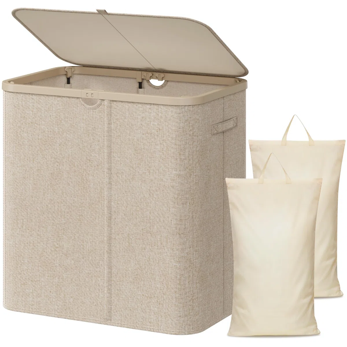 Lifewit Cesto Ropa Sucia de 2 Compartimentos con Tapa, Grande Cesta Ropa Sucia con Bolsas Extraíbles y Asas, Cubo Ropa Sucia para Dormitorio, Lavandería, Baño y Salón, 145L, Beige