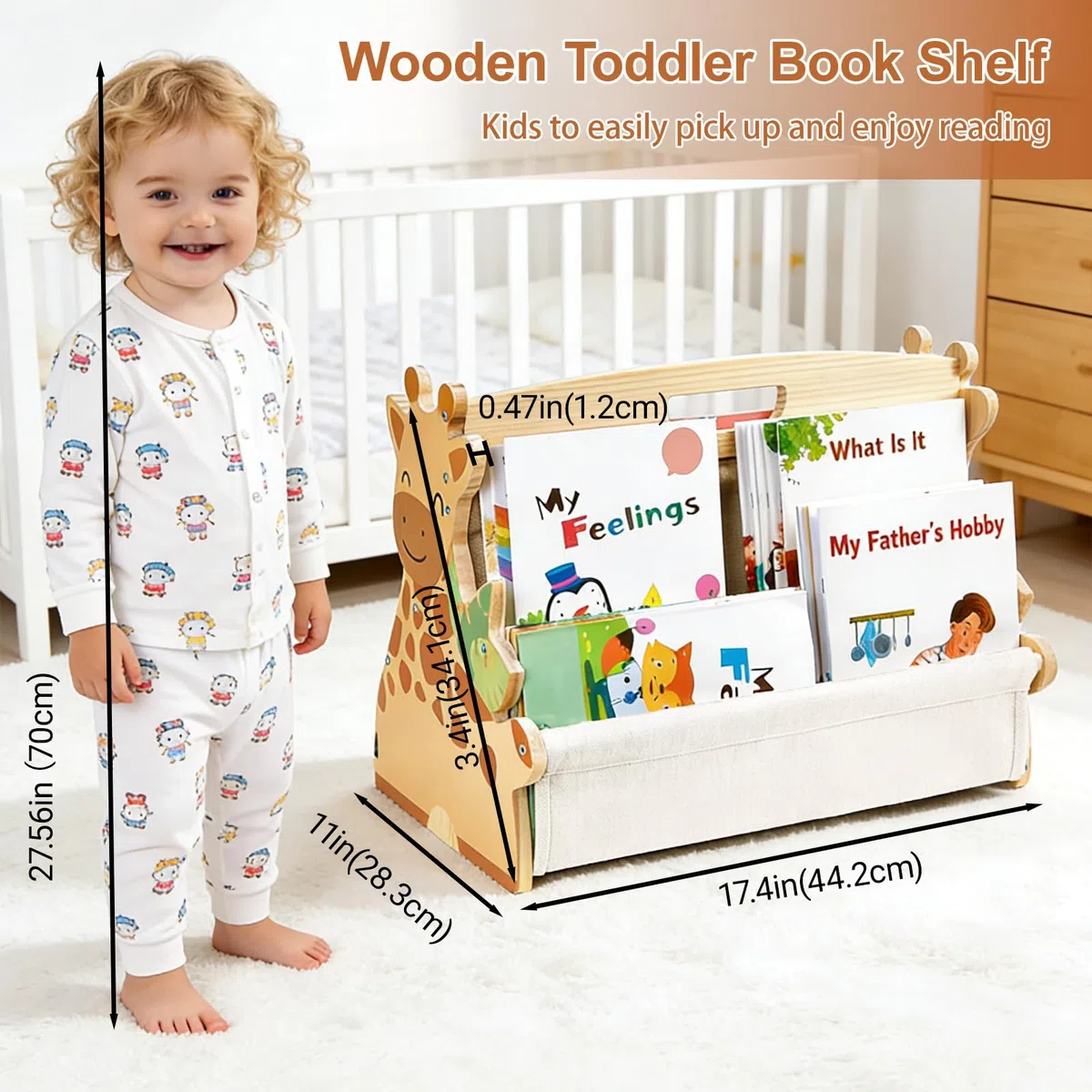 Estantería de madera para niños, estantería Montessori con bolsillos de lona resistentes, portátil con asa, estantería portátil para niños, organizador de libros para habitación infantil