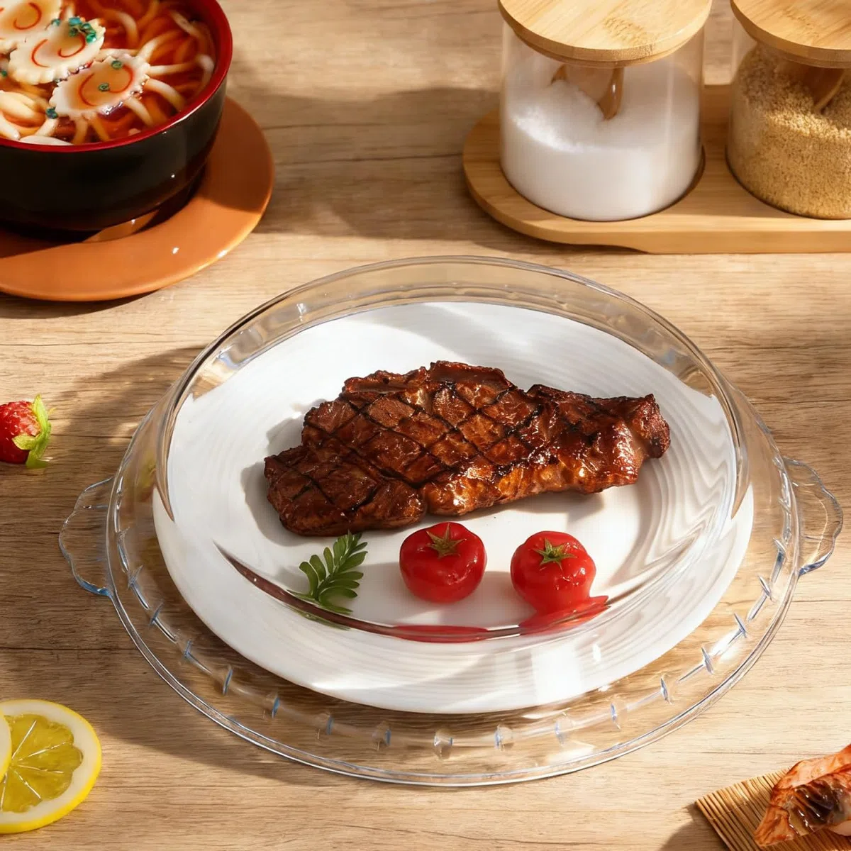 Ciieeo Molde de Vidrio Redondo para Tarta de 25 cm con Tapa Antisalpicaduras para Microondas, Bandeja de Vidrio Transparente para Hornear Pastel y Flan, Fuente para Horno y Cocina Al Vapor (10 Pulgada