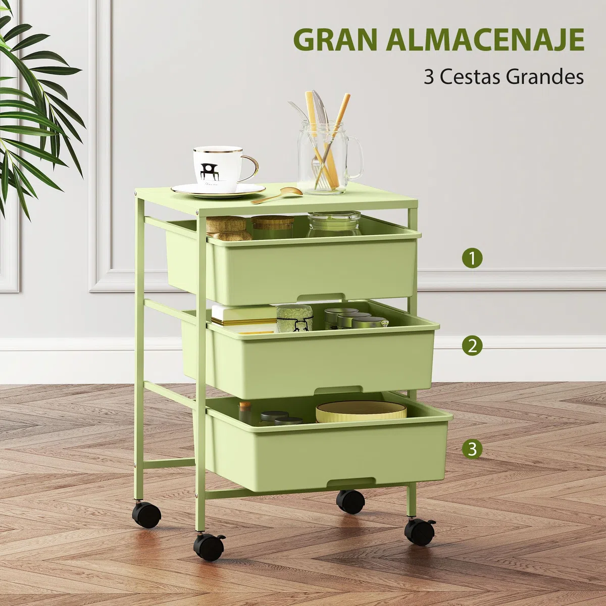 HOMCOM Carrito de Almacenamiento de 4 Niveles, Carrito de Cocina con Ruedas, 3 Cestas, Tablero y Marco de Acero, para Salón, Baño, Oficina, 40,8x33,5x60,5 cm, Verde