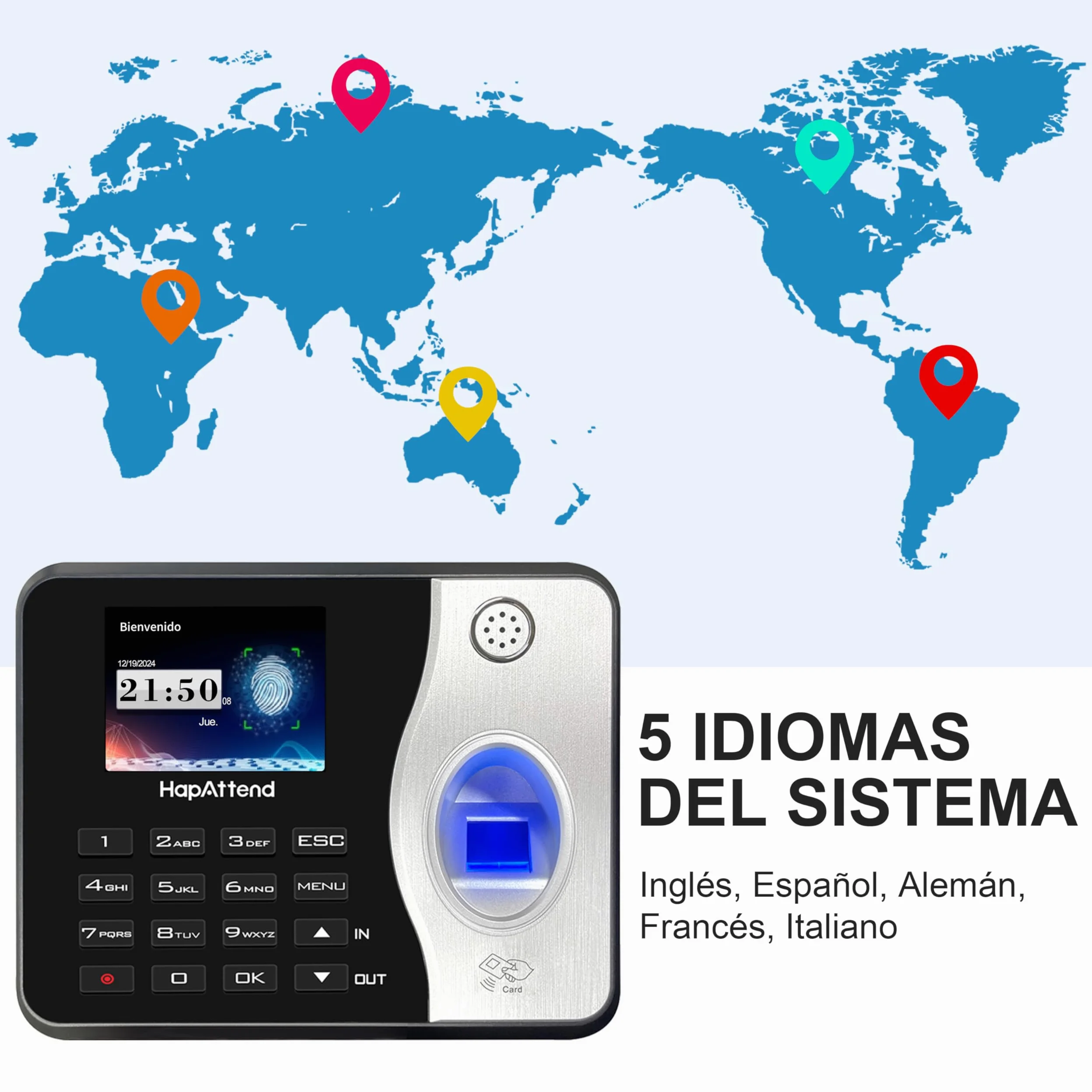 Control horario empleados, Español Reloj de fichar con Huella Dactilar, RFID Tarjetas, Maquina de fichar empleados de hasta 1000 usuarios sin conexión Internet Negro Escáner H3