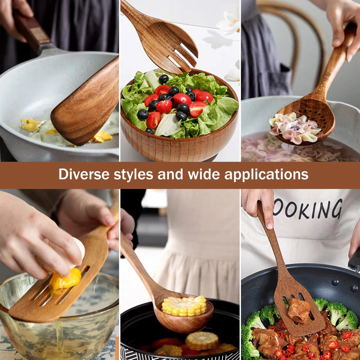 Utensilios de Cocina Madera de 7 Piezas,Madera de Teca,incluye un juego de Utensilios Cocina Madera,espátula de Madera,cuchara de Madera,Cucharón y Colador,adecuado para Sartenes antiadherentes