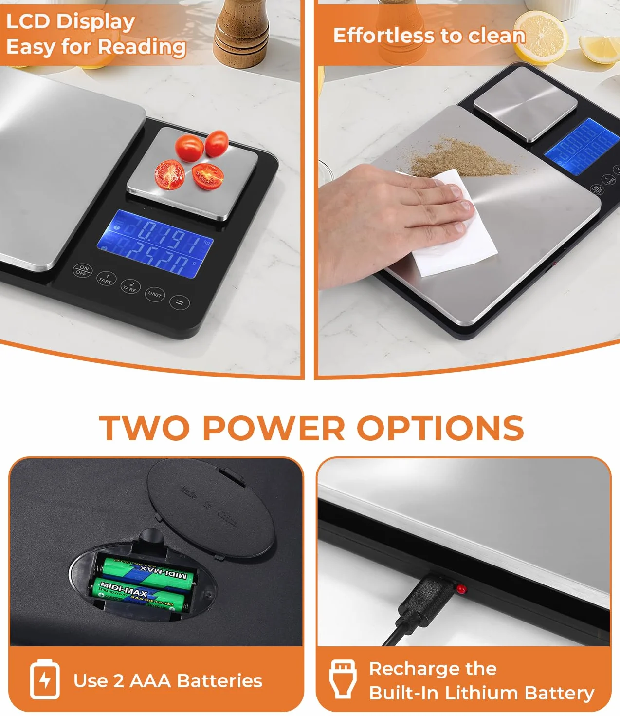 Báscula de Cocina Digital con Doble Plataforma (10kg/1g & 500g/0.01g), Recargable por USB & con Pilas, Acero Inoxidable, Pantalla LCD, 7 Unidades, ideal para Cocina & Repostería