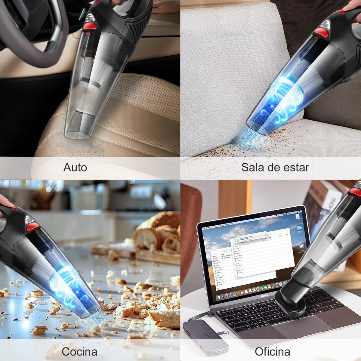 Aspirador de Mano 8500PA 120W Aspiradora Coche Sin Aspirador Potente Carga Rápida HEPA Filtro de Acero Inoxidable con luz LED y Bolsa de Transporte luz LED para Oficina Hogar Cocina Coche