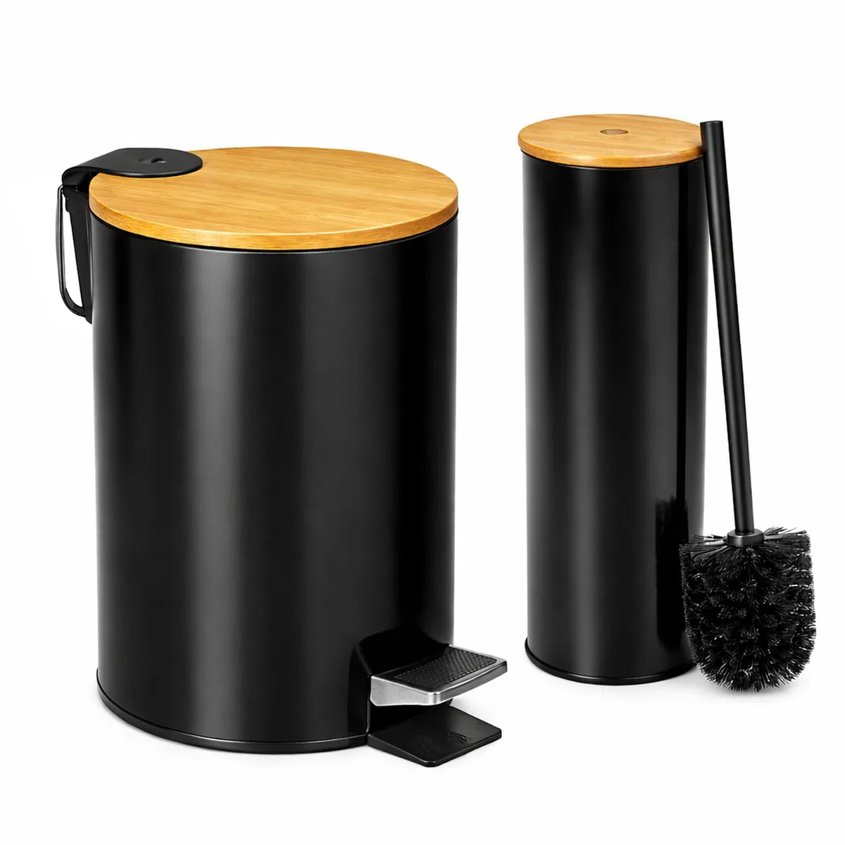 TIENDA EURASIA – Set de Baño Papelera 3L + Escobillero | Metal con Tapa de Bambú | Cubo Interior Extraíble | Papelera con Pedal y Asa para Transportar | Diseño Moderno | para Baño (Negro)
