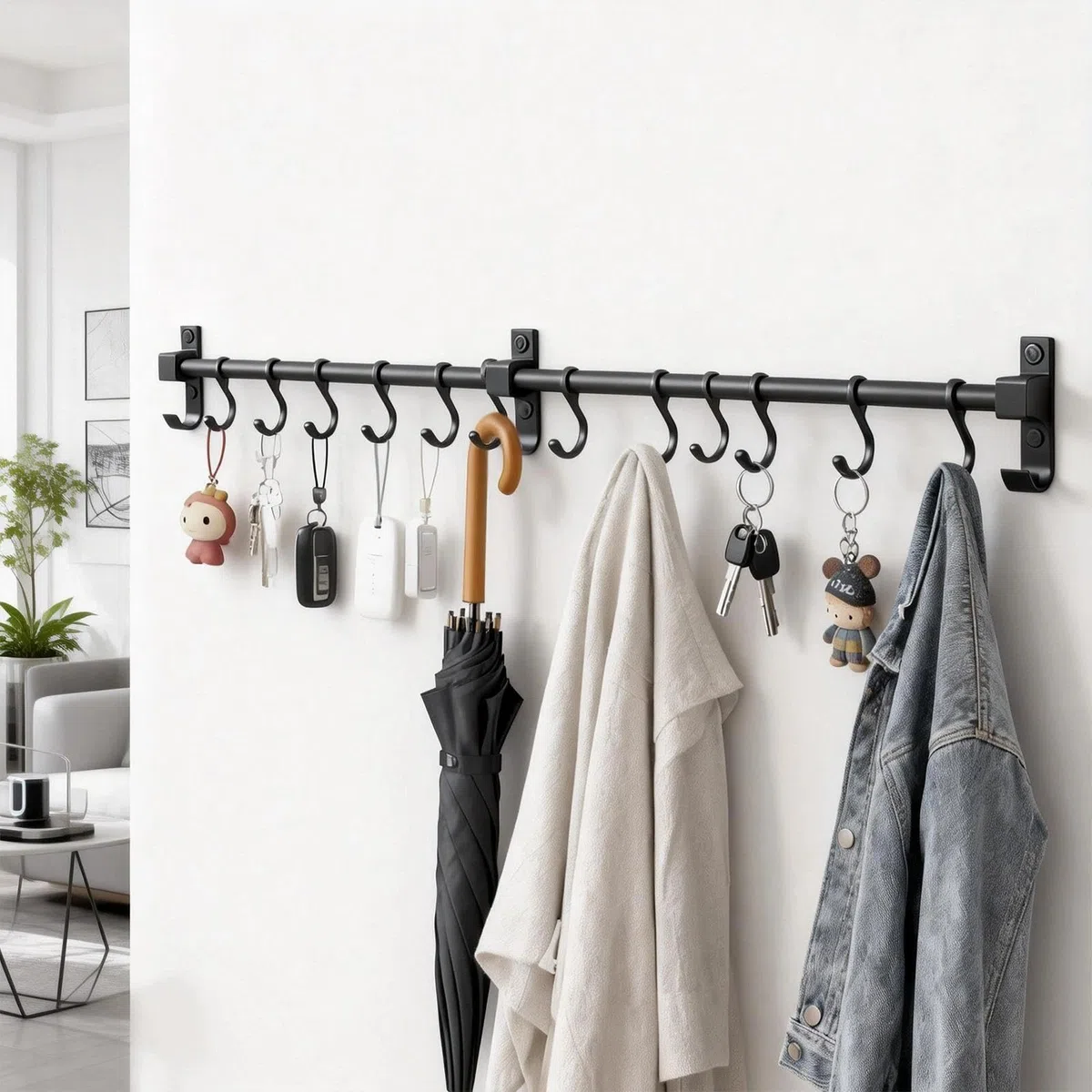 Ganchos Barra Accesorios Cocinas 80 cm, Colgador Utensilios Cocina con 12 Ganchos Extraíbles, Aluminio Barra Colgante de Cocina, Negro, para Colgar Tablas de Cortar, Cucharas, Tijeras