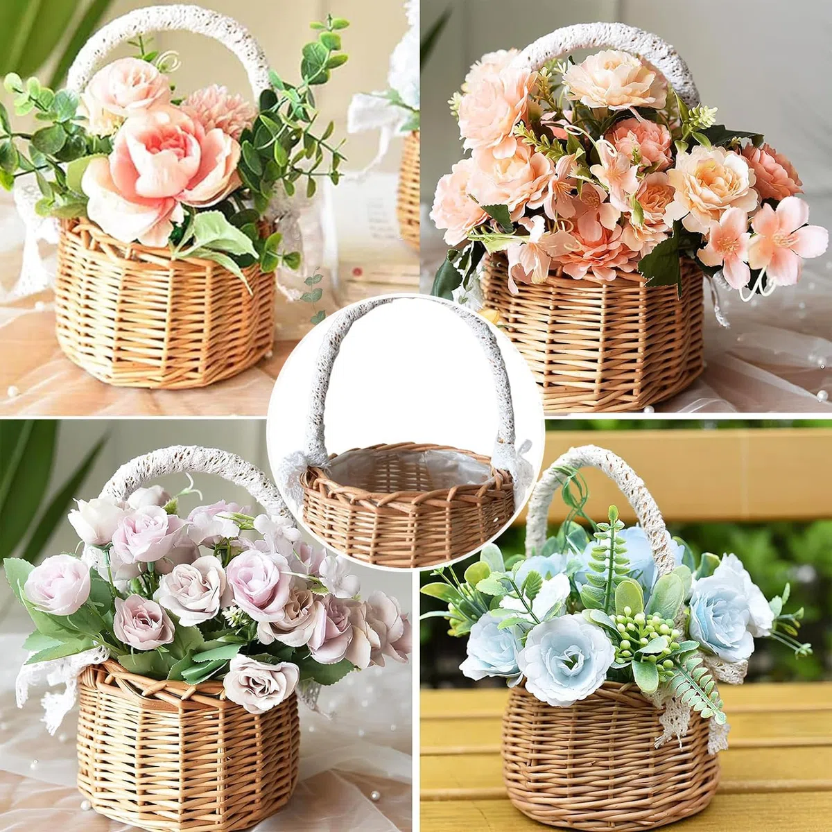 2 Piezas Cesta De Mimbre Cesta De Flores, Cestas Infantiles De Flores De Boda, Cesta Dama De Honor Trenzadas, Cesta Para Comuniones, Decoración De La Mesa De Boda De La Cesta Del Arte