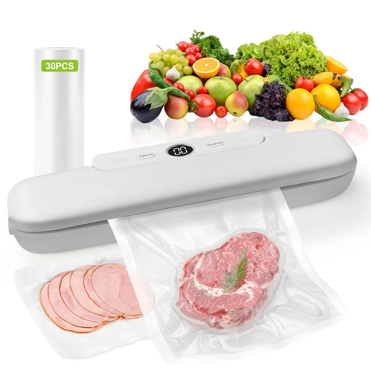 Envasadora al Vacío Doméstica con 30 Bolsas, Máquina de Vacío para Alimentos, Sellado Simple y Automático, Perfecta para Conservación y Comida Preparada, Blanco