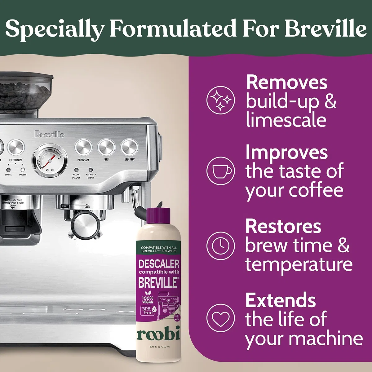 Solución descalcificadora compatible Breville. Especialmente formulada para limpiar y descalcificar tu máquina de café espresso Breville. 2 usos por botella, paquete de 2. Kit de descalcificador