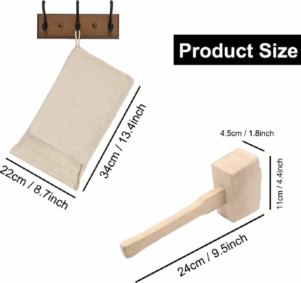 Lewis Bag and Manueller Eisbrecherhammer,Wiederverwendbarer Crushed Ice Bag aus Baumwolle mit Holzzubehör Bar Kitchen Accessory Kit für Crushes Ice Dried Ice. (2 pcs)