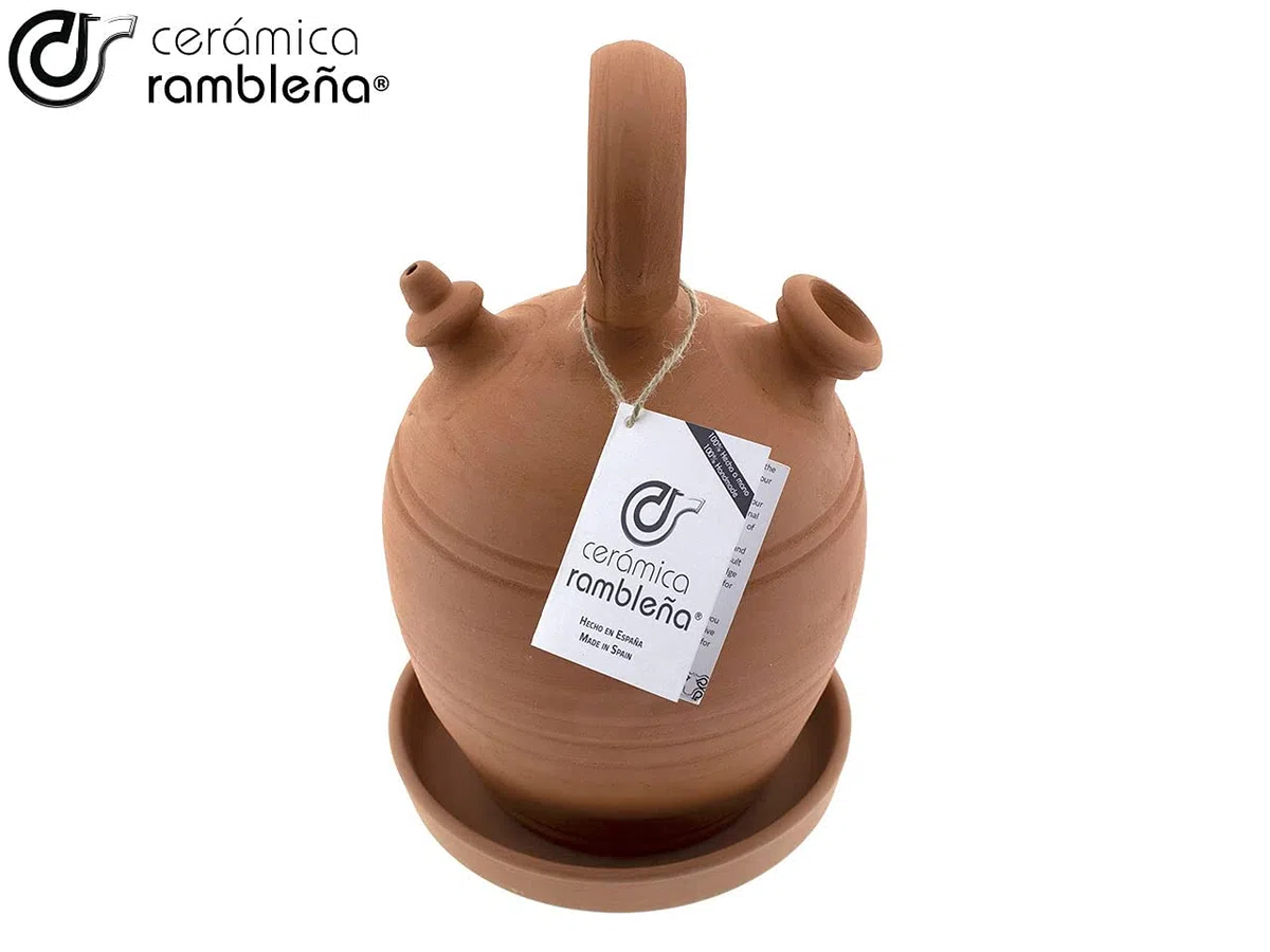 CERÁMICA RAMBLEÑA | Botijo de Barro Rojo Tradicional asa Redonda Base Ancha de La Rambla (Córdoba) | 100% Hecho a Mano | 3 litros | Eco | Plato Incluido