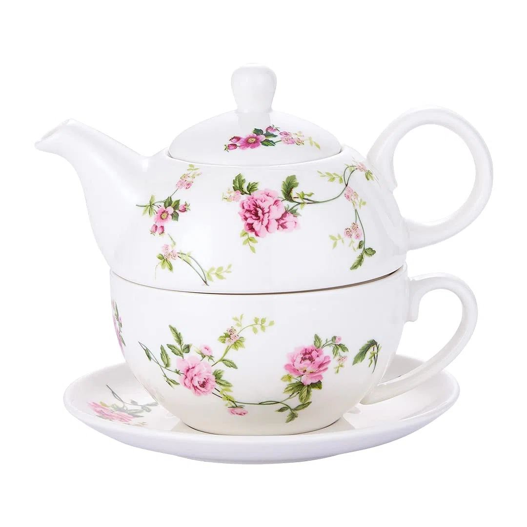 Juego de té de porcelana para uno, té de cerámica floral para una tetera y taza, juego de té de flores de ratán de 12 onzas, regalo para mujeres