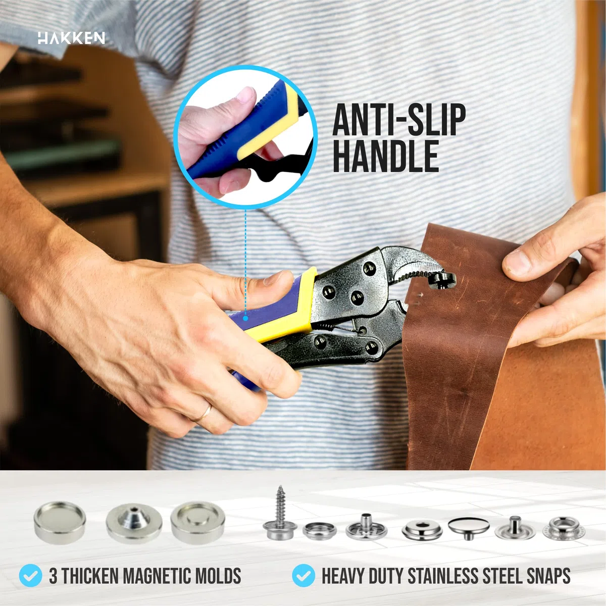 HAKKEN Herramienta de cierre a presión resistente ajustable con 3 troqueles magnéticos y 210 broches, broches de acero inoxidable de 15 mm, para cubierta de barco, reemplazo de broches de metal