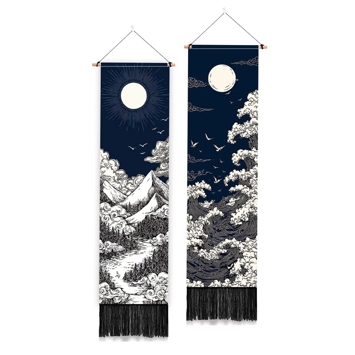 PLIGREAT Paquete de 2 tapices de pared de paisaje natural, montañas serenas, ríos, lunas, sol, para colgar en la pared con borlas, tapiz vertical estético decorativo para dormitorio, sala de estar