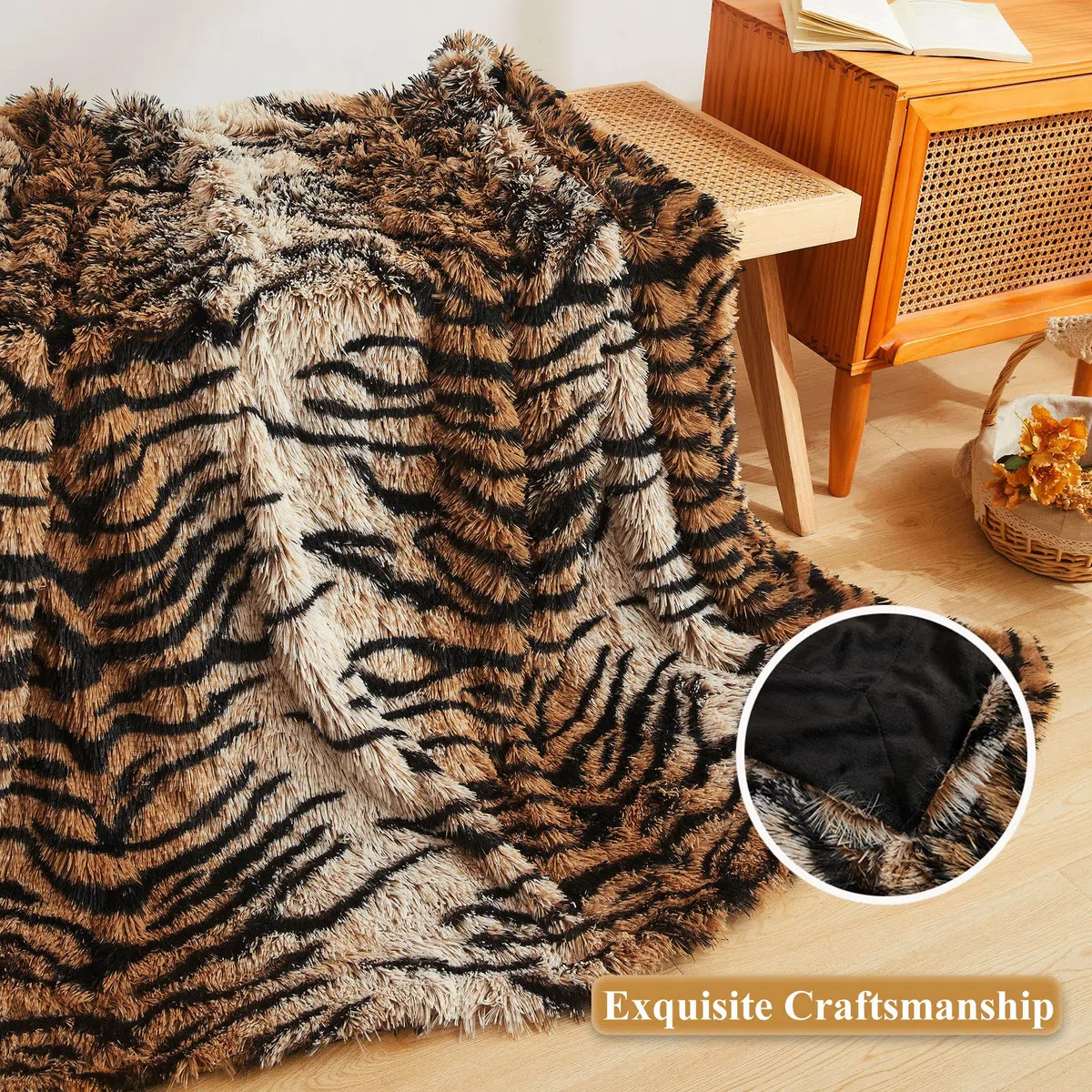 XeGe Manta de piel sintética de lujo, suave con estampado de tigre, manta de cama grande y esponjosa, manta decorativa de felpa lanuda para sofá cama, estampado de tigre marrón, individual/doble