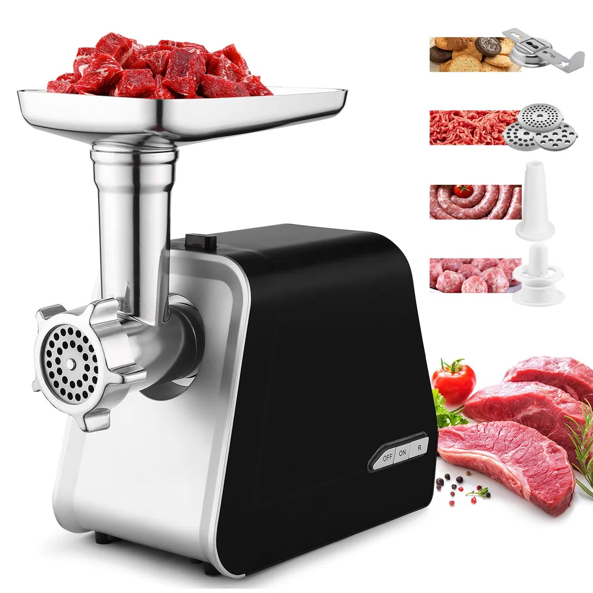 Picadora de carne eléctrica profesional de 2000 W, con relleno de salchichas y accesorio para galletas, máquina de embutidos, máquina de carne con 3 discos perforados para carne picada, mett y
