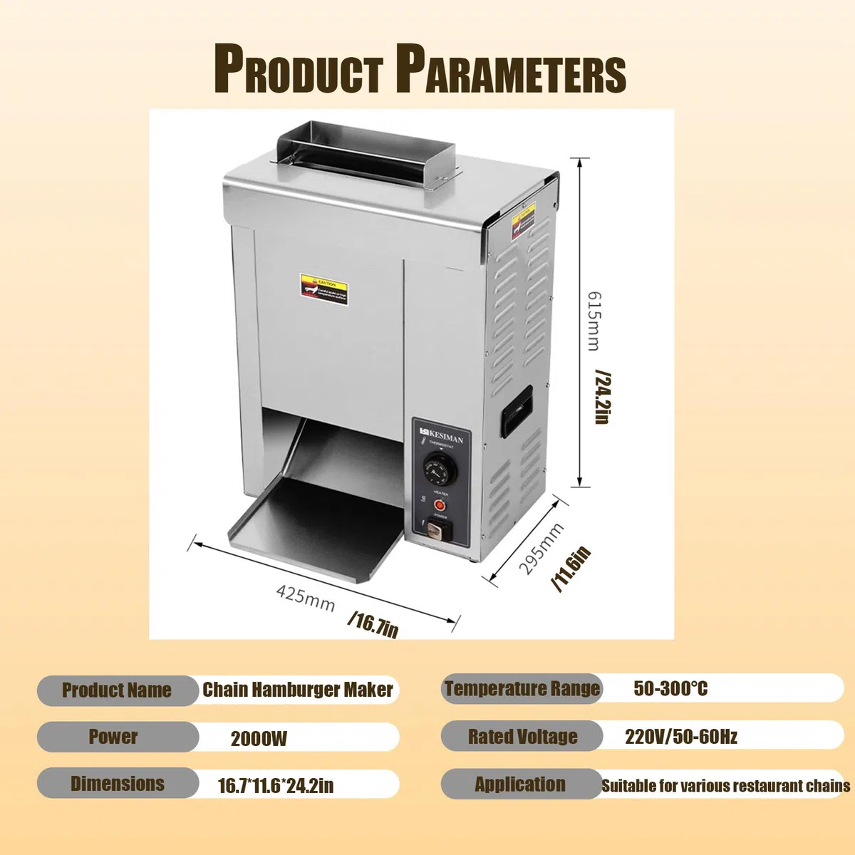 Tostadora De Hamburguesas Comercial con Cinta Transportadora, 50 ℃-300 ℃, 2000 W, con Cadena Eléctrica para Hornear Pan, Tostadas Y Bollos, Grosor Ajustable