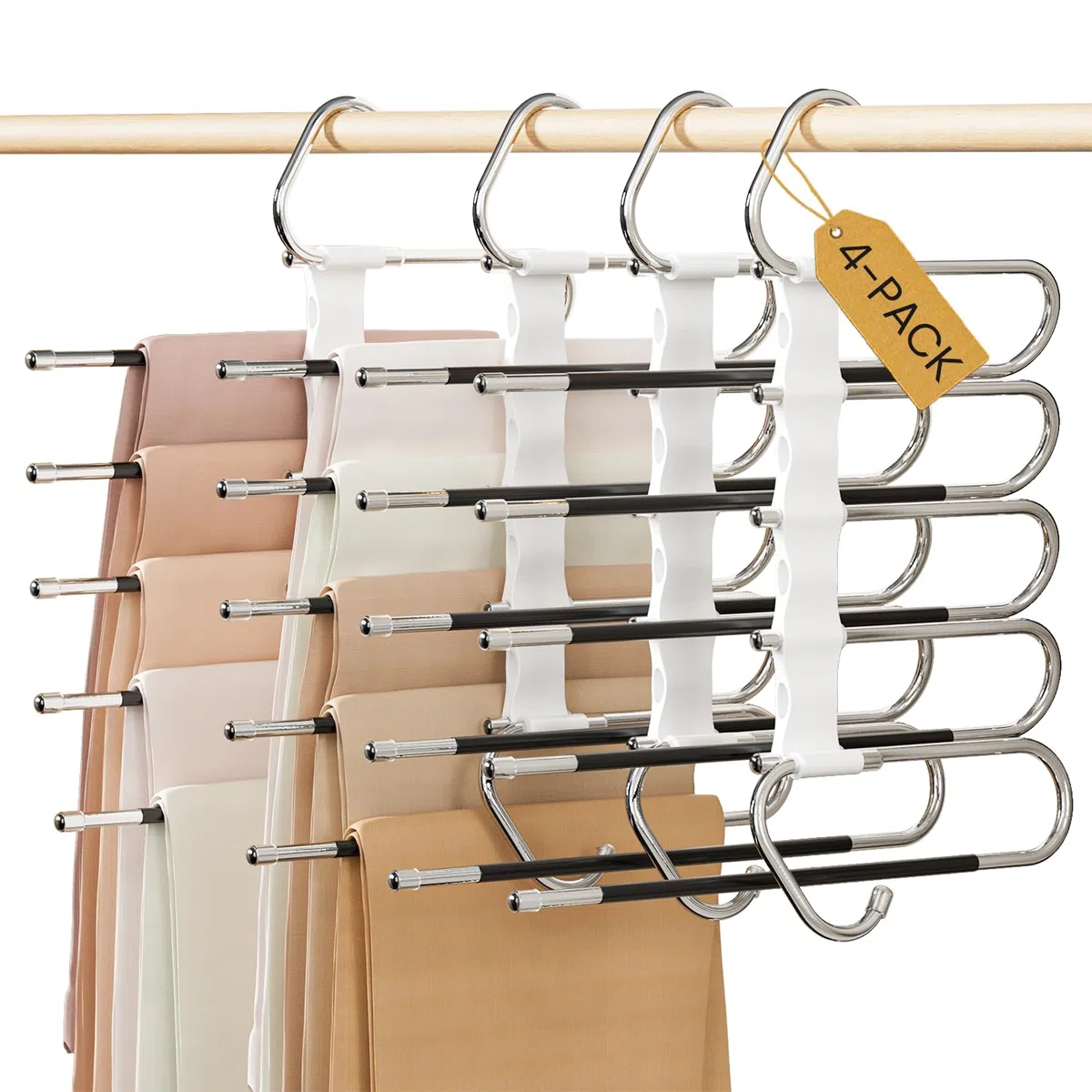 DAMITA Perchas Pantalones Percha Multiple Ahorra Espacio Antideslizantes 4 Piezas 5 en 1 No Instalación Blanco De Acero Inoxidable para Pantalones Bufandas Vaqueros Ropa Perchero Vertikaler