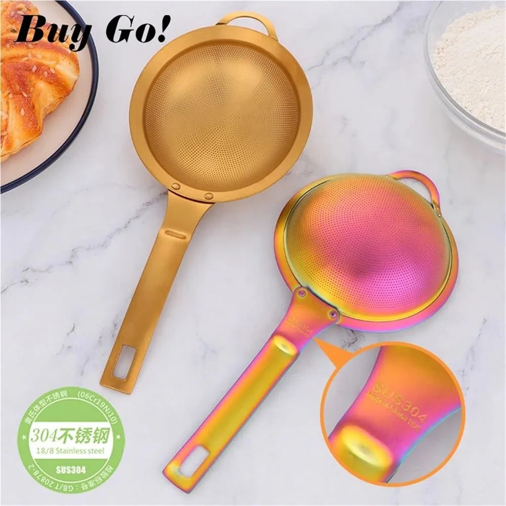 Tamiz de Malla Fina for harina de repostería y azúcar Glas. Tamiz de Cocina de Acero Inoxidable con Mango ergonómico for Pasteles, Bollos y Pasta.(Gold-2pcs)
