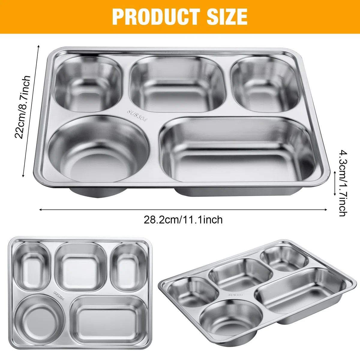 Foaincore Paquete de 8 platos divididos rectangulares de acero inoxidable con 5 compartimentos, bandeja de metal irrompible para almuerzo, cena, camping, calibre pesado