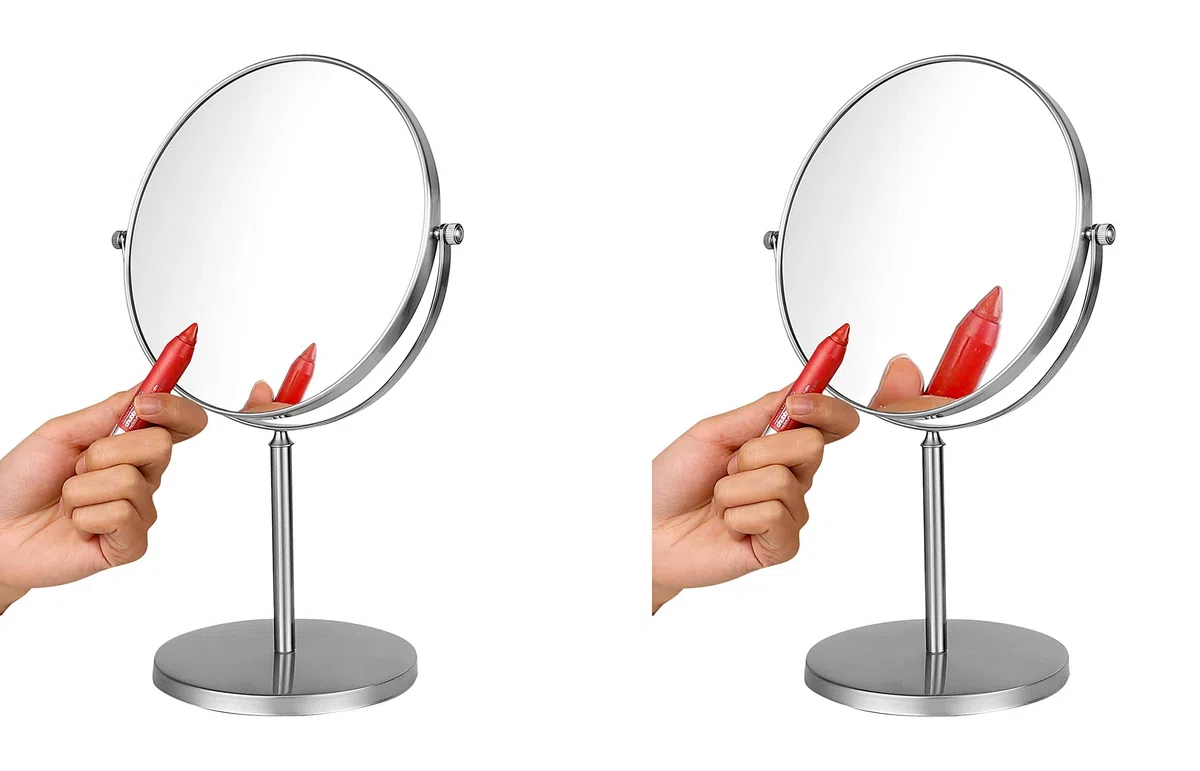 Exclusivo Espejo cosmético de Acero Inoxidable con 5 aumentos | Baño Lámpara LED Maquillaje Espejo de vanidad Espejo de Mesa WC (Acero Inoxidable (Cepillado), 5X)