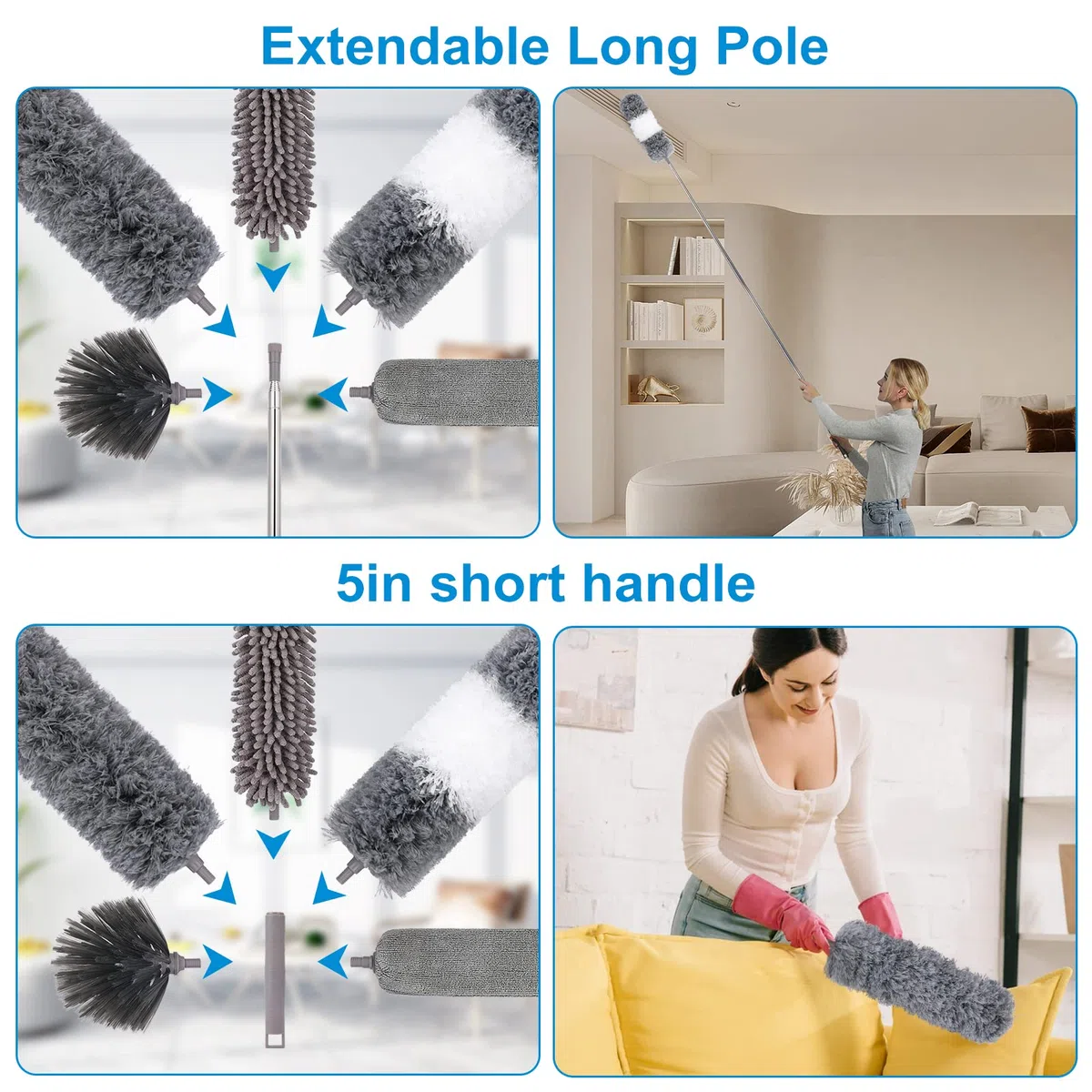 Plumero Extensible de Microfibra (11 Piezas) con Poste de extensión de 100 Pulgadas, Lavable, Reutilizable, Flexible para Limpiar Ventiladores de Techo, Techo Alto, TV, persianas, automóviles