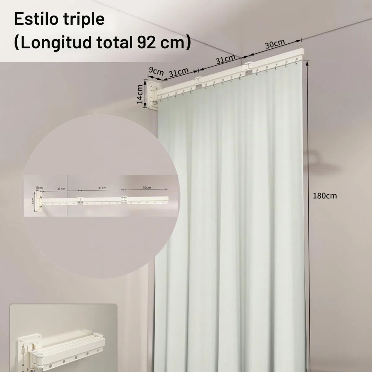 Cortina De Ducha Sin Taladrar Con Ventosa,Barra Cortina Ducha Con Ángulo Ajustable,Cortina Baño Fijación Con Ventosa,Impermeable Antimoho Para Esquinaesquina/Hotel/Baño(Blanco,92cm,3 Pieghe)