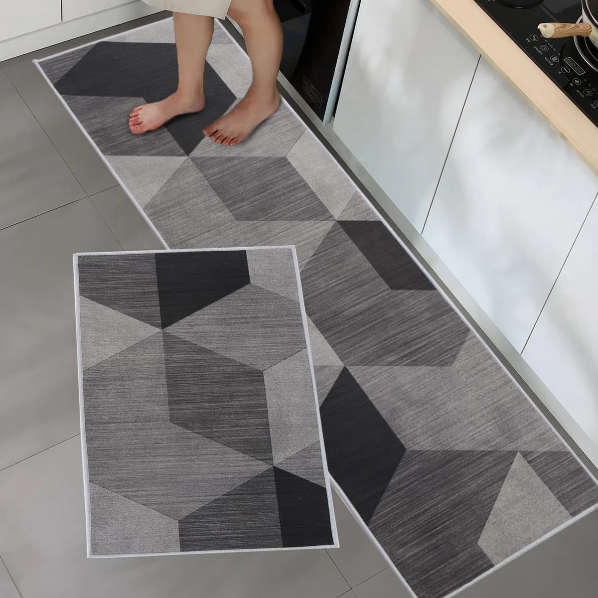 BWBIKE Juegos de alfombras de Cocina Alfombras de pie Lavables 2 Piezas Juegos de alfombras de Piso Antideslizantes de Microfibra, 43 x 75 cm + 43 x 150 cm, Rombo-Rejilla