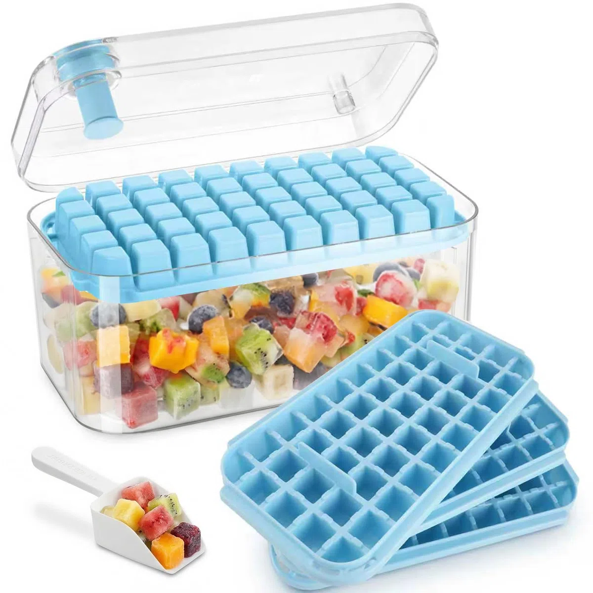 Cubiteras para Hielo, Cubitera con tapa,150 cubitos de hielo, incluye 3 bandejas para hielos, 1 pala de hielo, sin BPA, material apto para alimentos, ideal para whisky, cócteles, café, bebidas. (Azul)