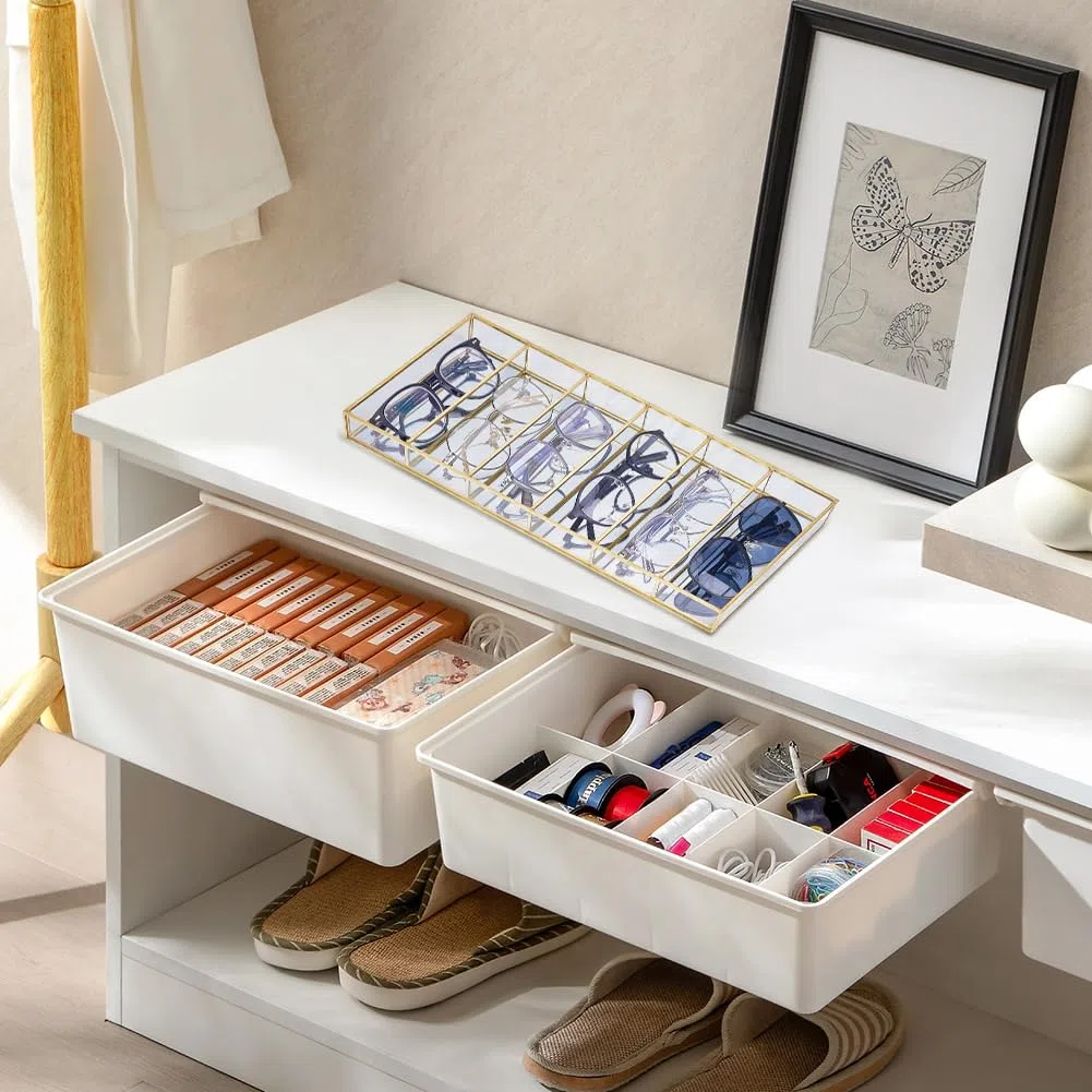 UNICRAFTALE Vitrina de almacenamiento de gafas, 6 rejillas, rectangular, de cristal, organizador de gafas de sol, soporte dorado múltiple para guardar gafas, joyas, relojes, bandeja de presentación
