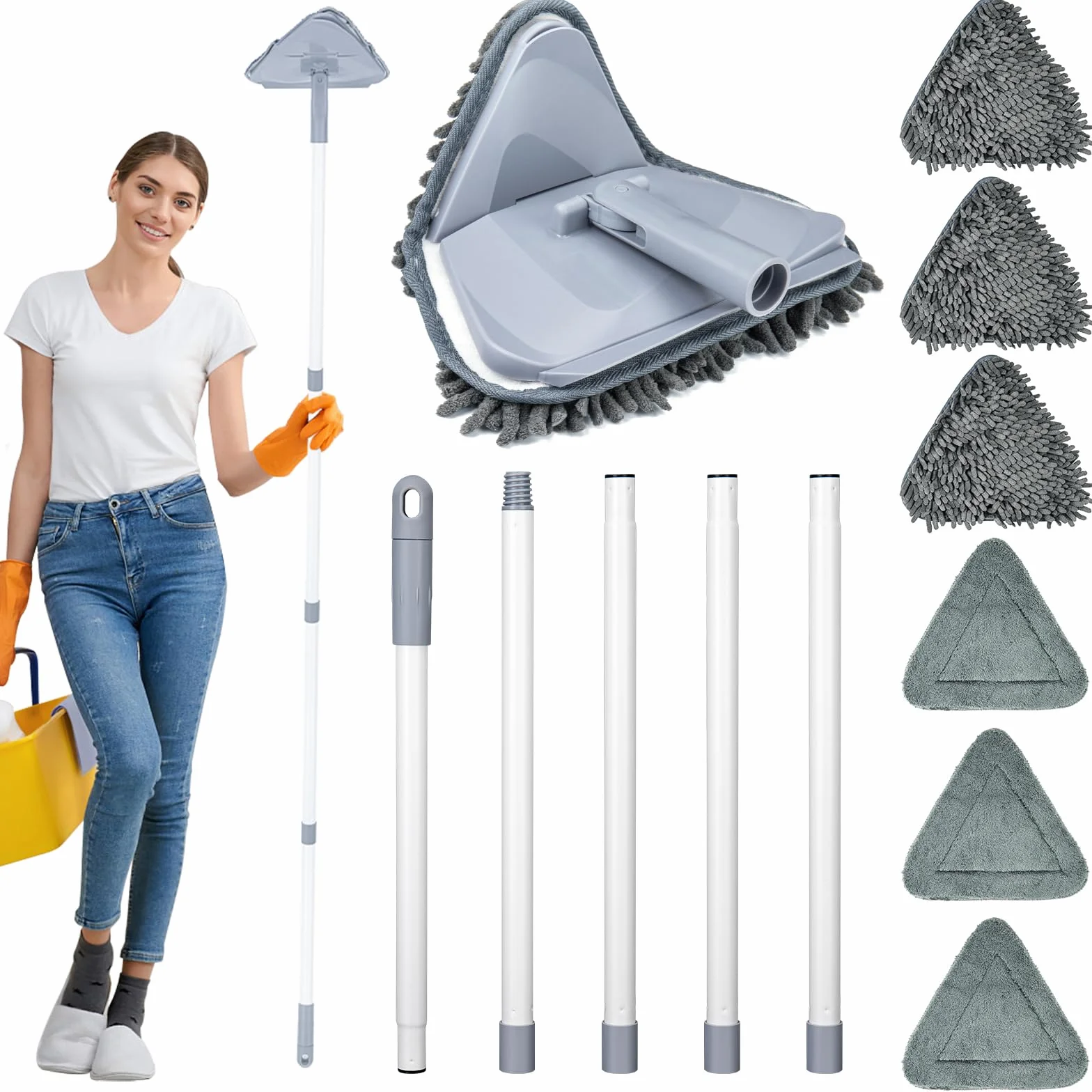 TAOPE Mopa para Limpiar Azulejos y Paredes, Limpiador de Techos con Mango Largo de 200 CM, Fregona Limpieza Plegable con 6 pcs Microfibra Chenilla, Gris Trapeador de Triangular para Ventana