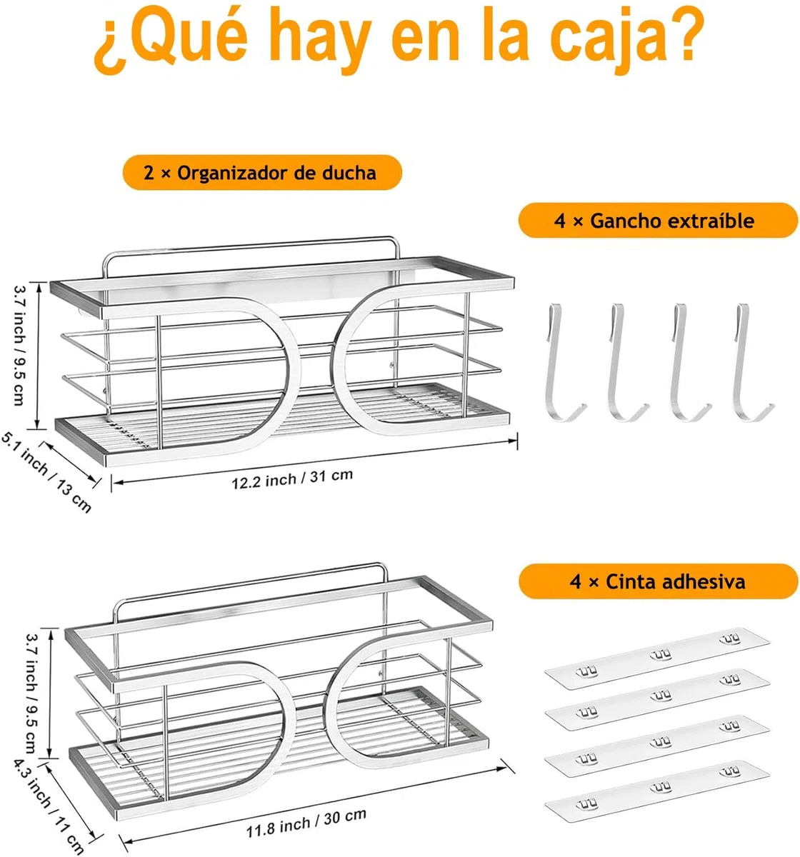 Adhesivo Estantes Cesta para Ducha de Baño Gran Capacidad 304 Acero Inoxidable Ducha Estanteria Organizador para Cocina o Baño 2 Piezas(Plata)